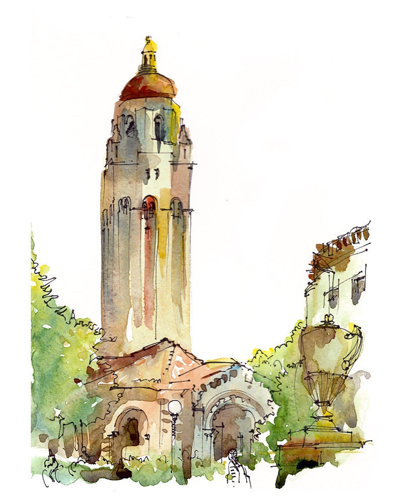 Stanford University, Hoover Tower, California - 8x10 fine art print from a watercolor sketch