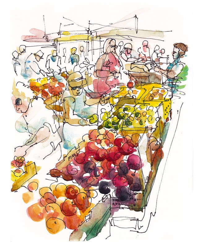 Farmers' Market California a study in red orange purple yellow and peach- 8x10 print from an original watercolor sketch