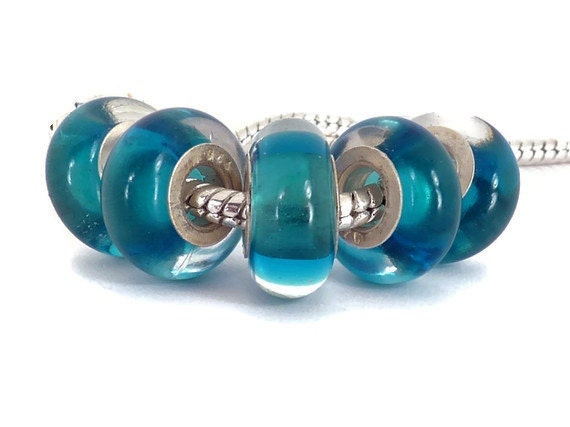 Blue Teal European Style Large Hole Bead with a Sterling Silver Core