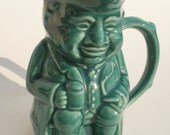 Teal Ceramic Toby Mug Creamer Pitcher Made in USA Pottery Colonial Americana Patriot Tavern Man Folk Style Mantique