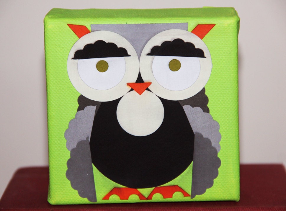 OWL Art GREEN Mixed Media Handmade Gray Owls Paper Collage on Canvas 4 x 4 Original Acrylic Painting HOOT