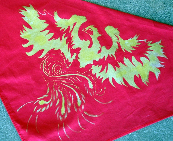 Gold Phoenix Screen Print Red Bandana