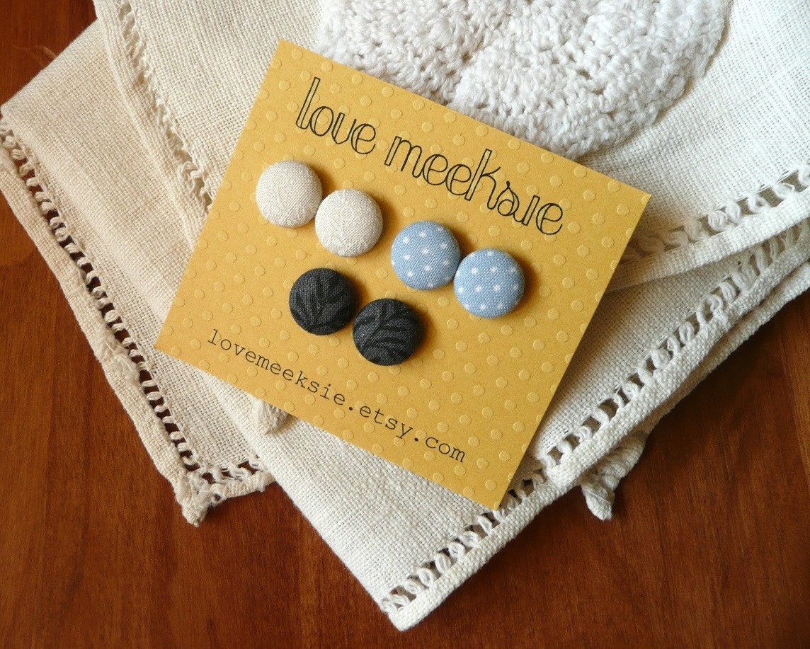 sweet winter - fabric covered button post earrings - set of 3 -  small 1/2 inch size, lightweight stud