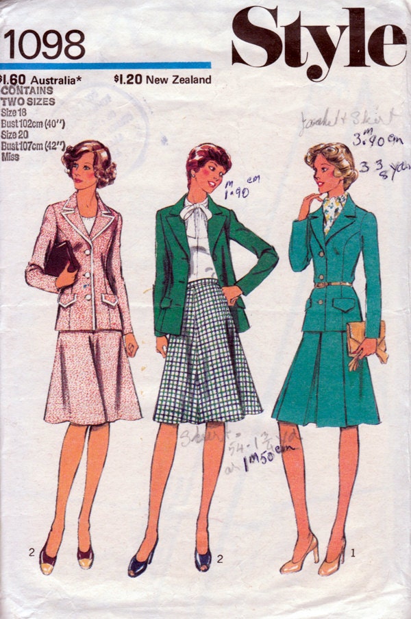 1970s Jacket & Skirt Suit Vintage Sewing Pattern in Two Sizes - Style 1098 Bust 40 and 42