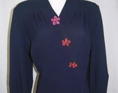 Vintage 1940s Rayon Peplum Dress w Big Pink Rhinestone Buttons XL 40 Bust