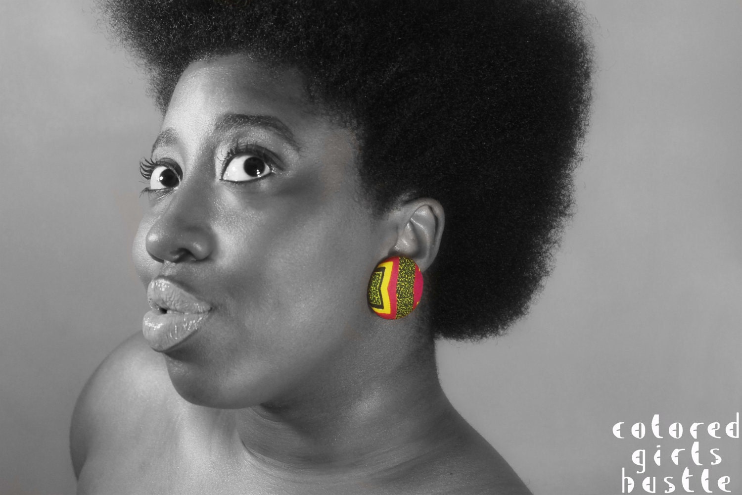 Large Button Earrings: Magenta, Black and Yellow African Print