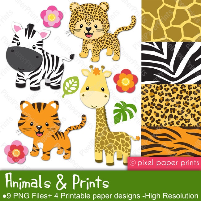 Clip Art and Digital Paper set - Animals & Prints - Leopard, Tiger, Giraffe, Zebra