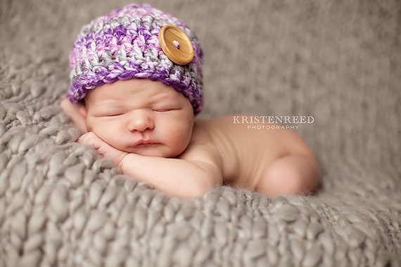 Purple Baby beanie with Wood Button (available in sizes, nb, 1-3mos, 3-6mos, 6-12mos)