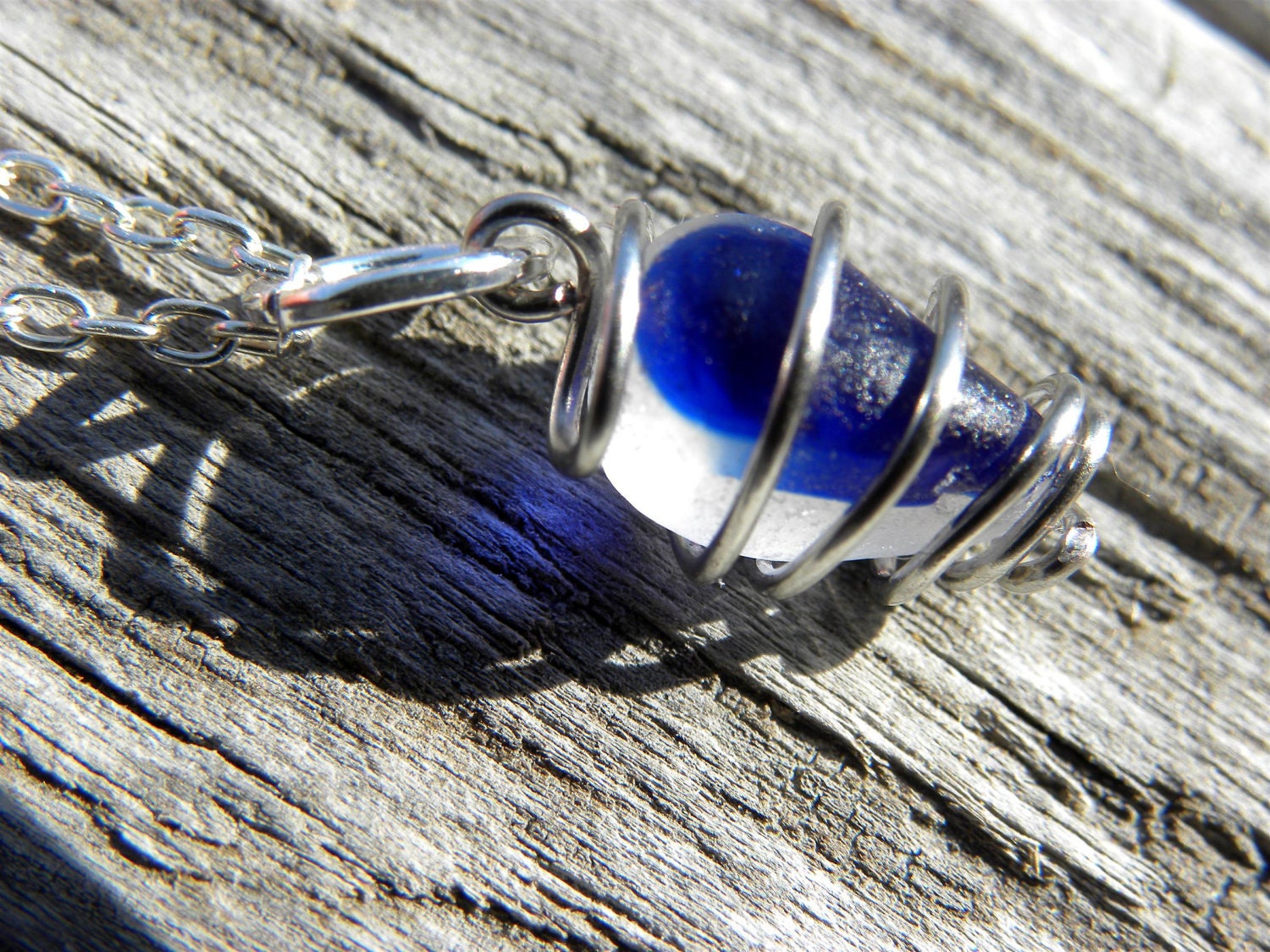 Wire wrapped pendant, English multi cobalt sea glass with sterling silver