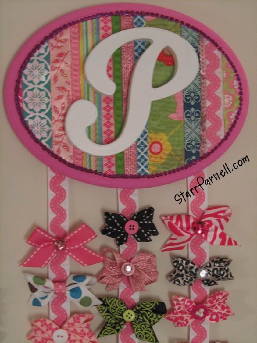 Customized Ribbon Barrette Holder with Wood Monogram Multicolor Pink Green Blue
