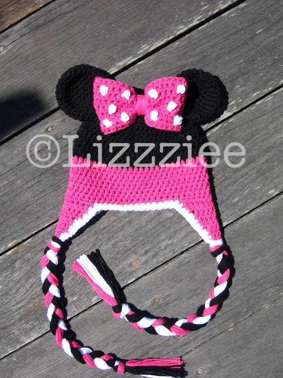 Minnie Mouse Stripe Crochet Beanie PDF Pattern  - fun to make for Disneyland Disneyworld trip - beanie, earflap, braids, ties