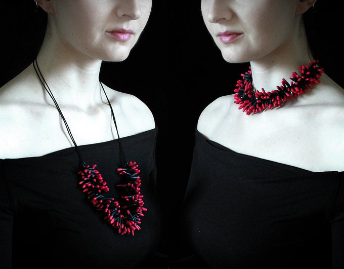 Necklace red black, elegant casual exotic - cluster polymer clay beads