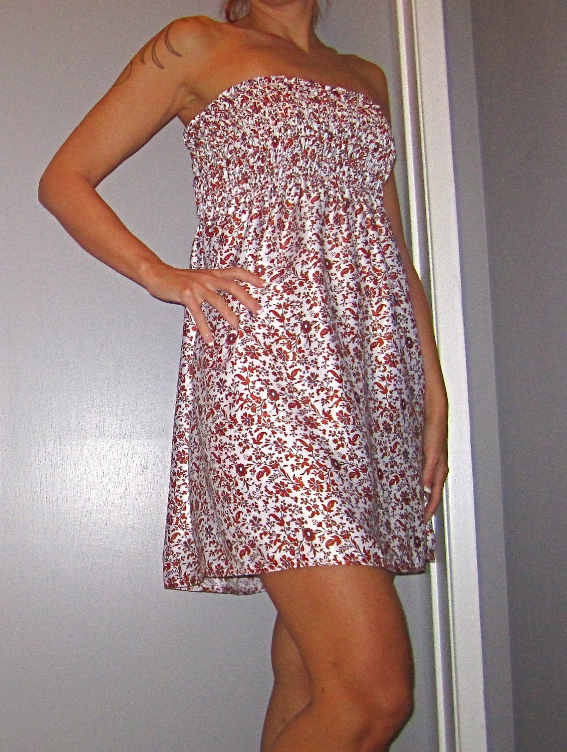 rust floral strapless dress