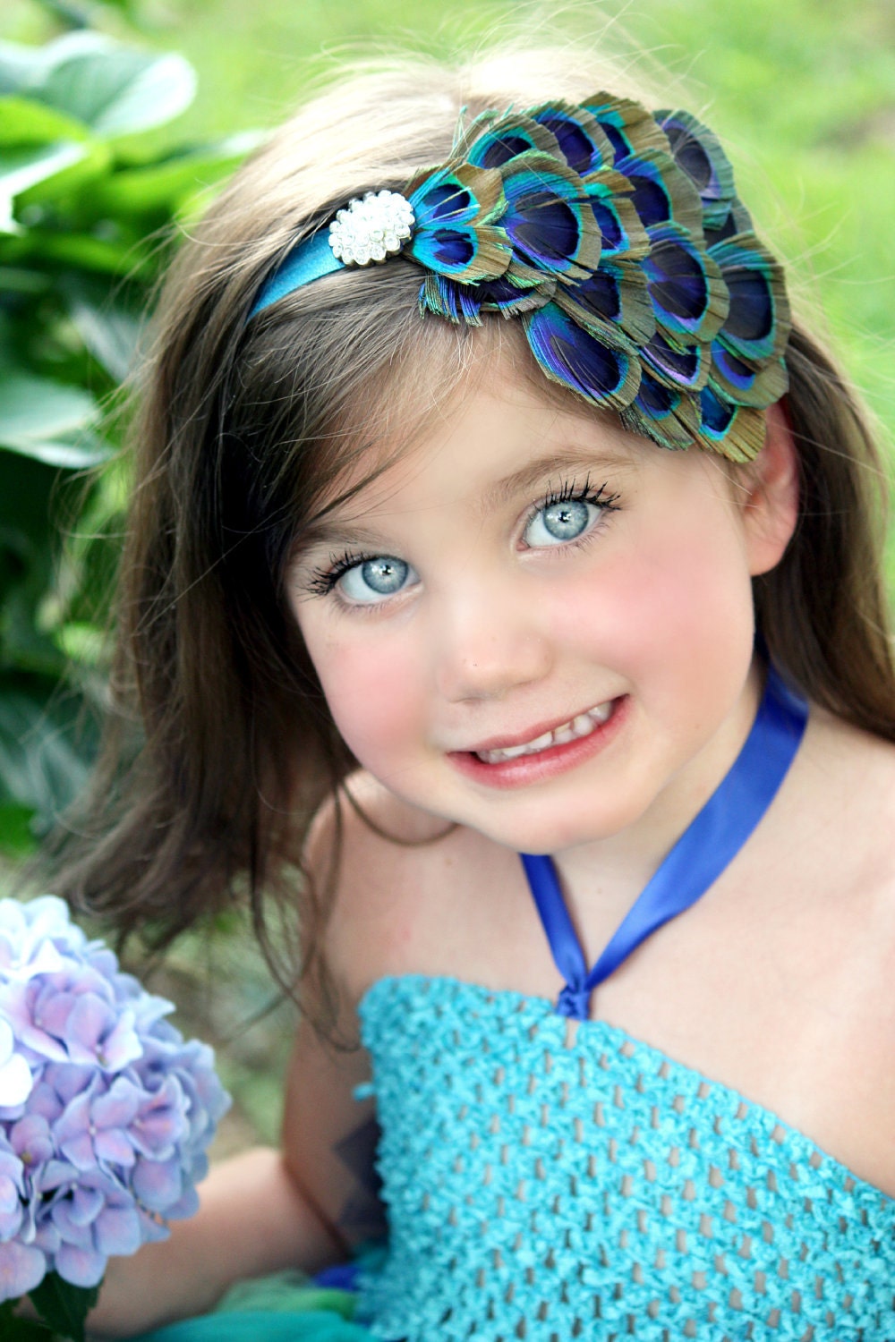 baby headband peacock feather silk flower and bow or rhinestone for infants toddler or big girls you choose color of headband