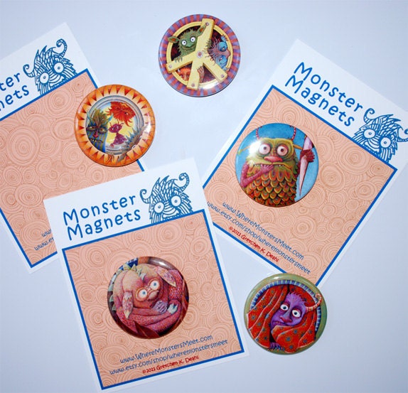 Monster Magnets - 2 Magnet SET - Home Decor - Magnets - Housewares - Office - Kitchen - Fridge - Geekery - Cute Monsters