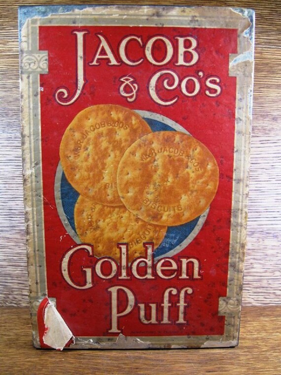 Items similar to Vintage Jacob & Co. Golden Puff Biscuit Tin Box Paper
