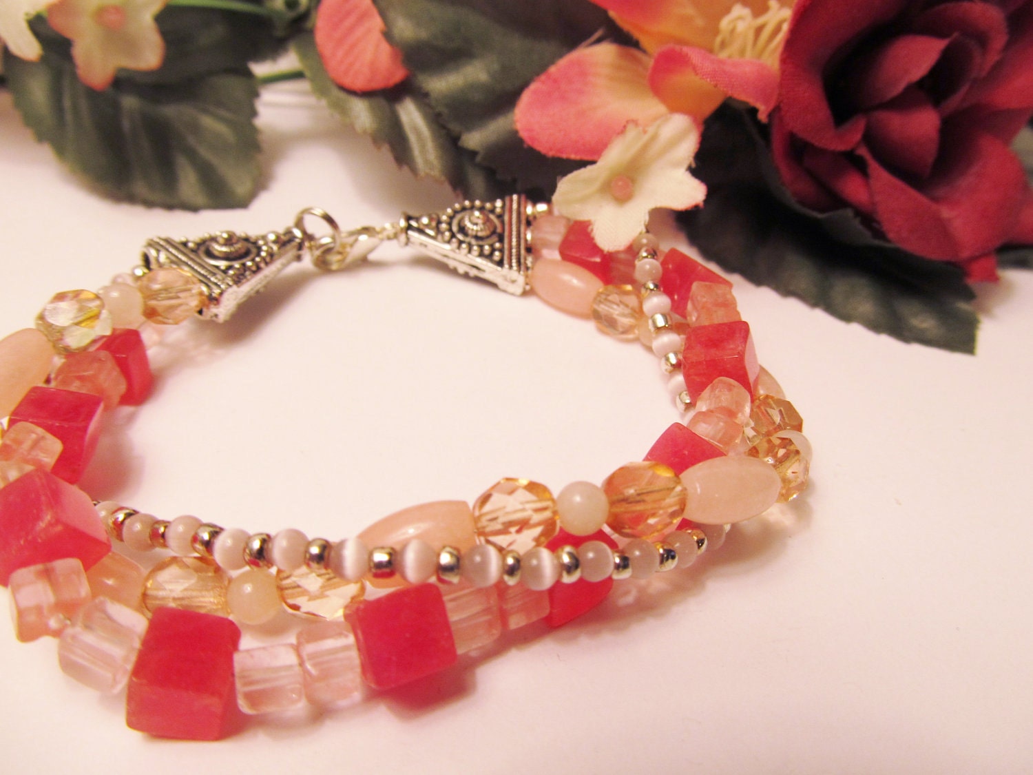 Shades of Pink Bracelet - featuring Pink Jade, Red Jade, Pink Cat's Eye, Cherry Quartz and Czech Glass