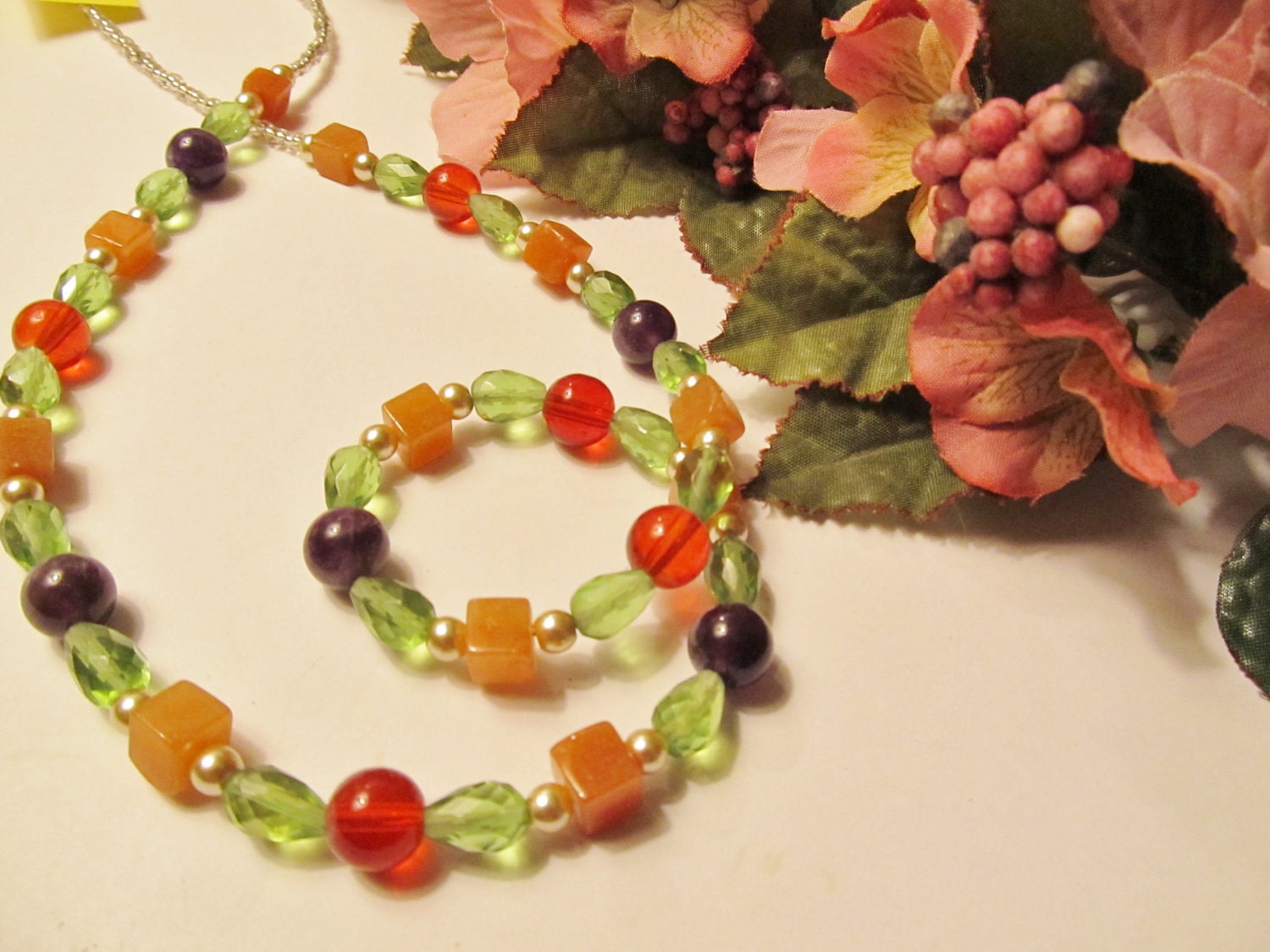 Colors of Spring Necklace - Amethyst, Carnelian, Aventurine and Pearls