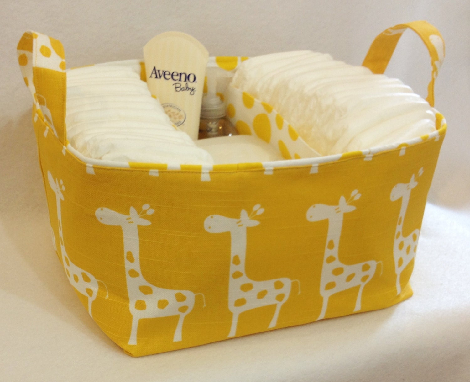 XL Diaper Caddy 13"x11"x7" Fabric Bin, Fabric Storage Organizer, Basket, Yellow/White Giraffe with Spotted Yellow Lining