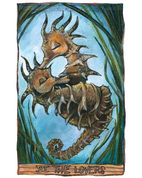 Lovers Tarot Card Print, Seahorse Art, 8x10 Wall Decor, Tarot Artwork, Pair of Seahorses, I Love You
