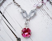 Handmade GLASS Necklace w/Huge VINTAGE Pink Glass Rhinestone Pendant  "Sunset's Kiss" OOAK 34" Chain
