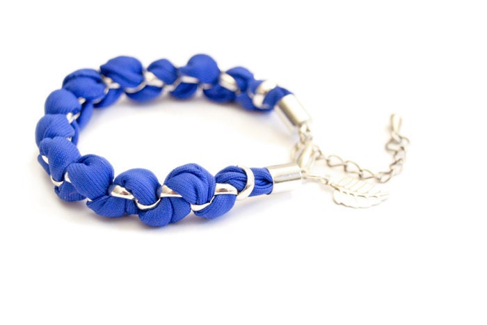 Woven Bracelet, Fabric Bracelet, Sodalite Blue and Copper Chain