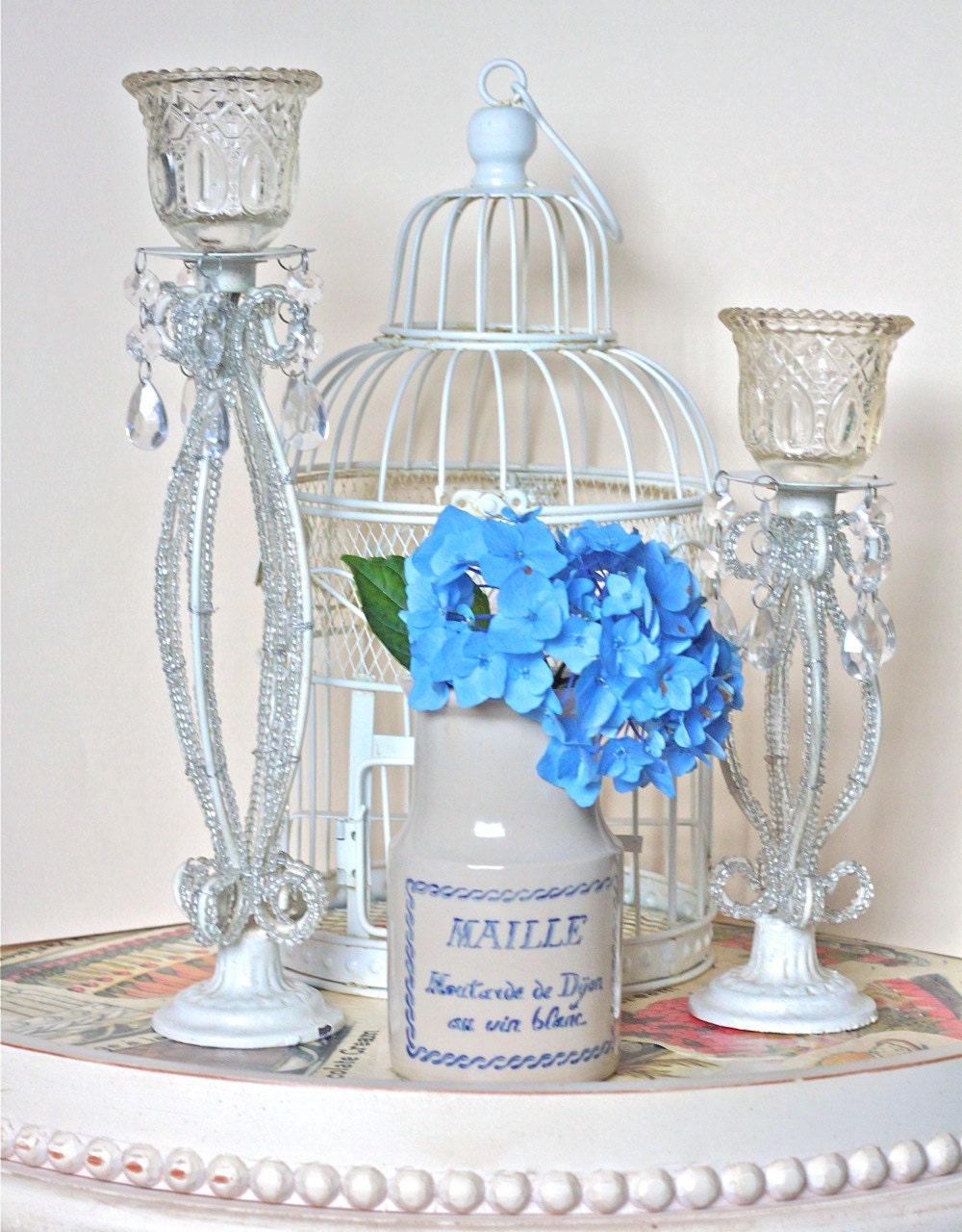 Pair of White Beaded Candleholders or Candlesticks - Vintage Votive Glass - SALE (Was 34.00)