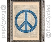Peace in 65 Languages Text on Vintage Upcycled Dictionary Page Book Art Print Recycled Repurposed