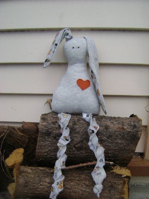 Stuffed Toy Bunny for Kids in Grey with Orange Heart and Long Ears and Legs - Oliver - oKIDDo