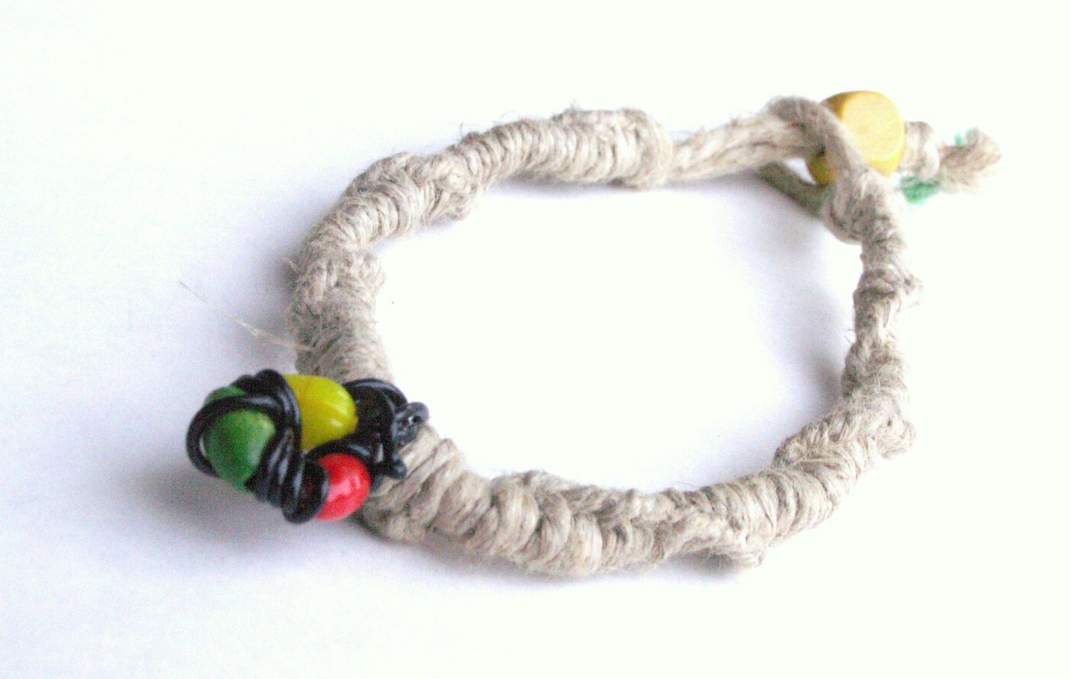 Rasta Hemp Bracelet / Hemp Anklet with Handmade Red, Green, and Yellow Black Wire Wrapped Pendant