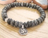 Black Moonstone Yoga Bracelet - Herkimer Diamond Quartz, Larvikite and Silver Om Charm Bracelet, Raw Crystal Accent