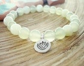 Lotus Charm Bracelet - Yoga Mala, New Jade Beaded Bracelet and Silver Charm, Light Green Serpentine Bracelet, Kundalini