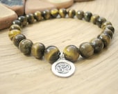 Mens Tiger Eye Bracelet -  Spiritual Beaded Bracelet, Silver Om Charm, Golden Brown Semi Precious Stone Mala Beads, Meditation