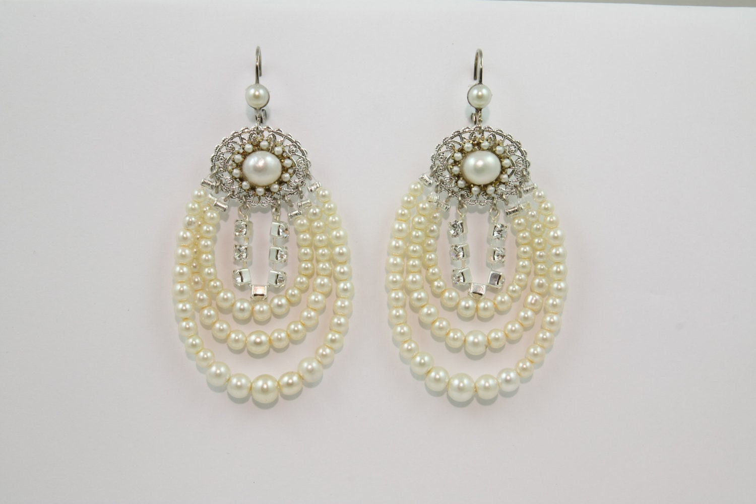 Chandelier Bridal Earrings, Bridal Jewelry, Wedding earrings, Multistrand Pearls, Silver, Statement Jewelry, Victorian, Rhinestone, Vintage