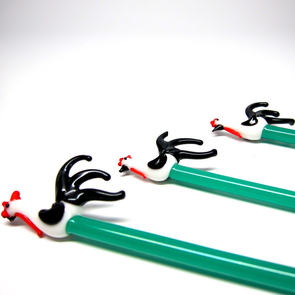 Vintage Cocktail Picks Rooster Art Glass Stirrers by hensfeathers