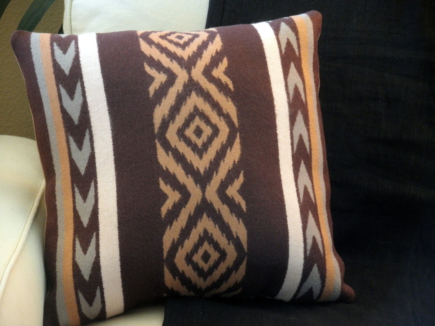 Native graphic pattern, Pendleton pillow, wool Blanket weight fabric, earth tones of brown and tan, 16 x 16