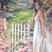 woman  romantic,  garden, art print, 17 x 21, landscape, lady, white dress, pink, green