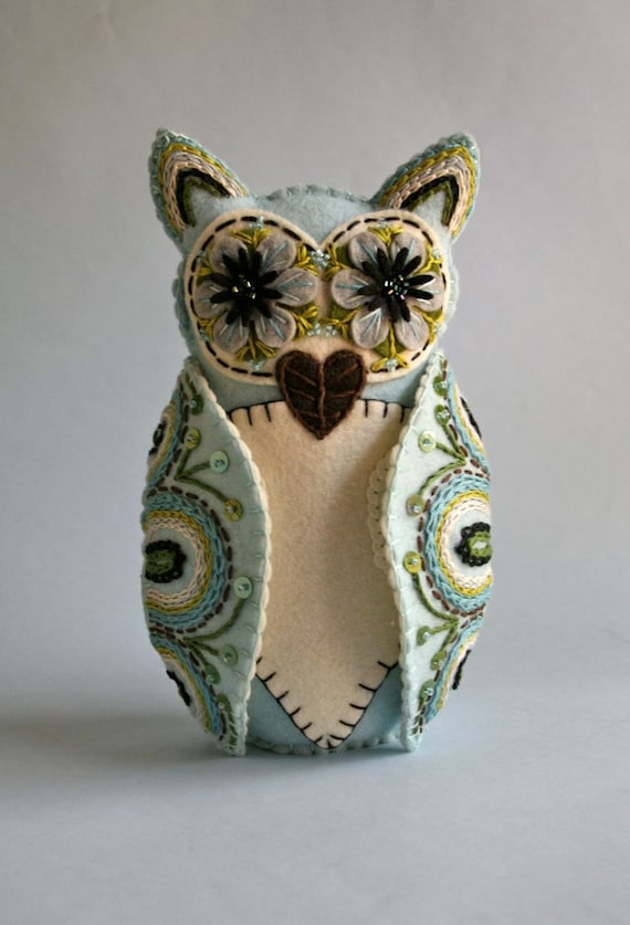 Felt Owl Doll- Mexican Folk Art- Blue and White
