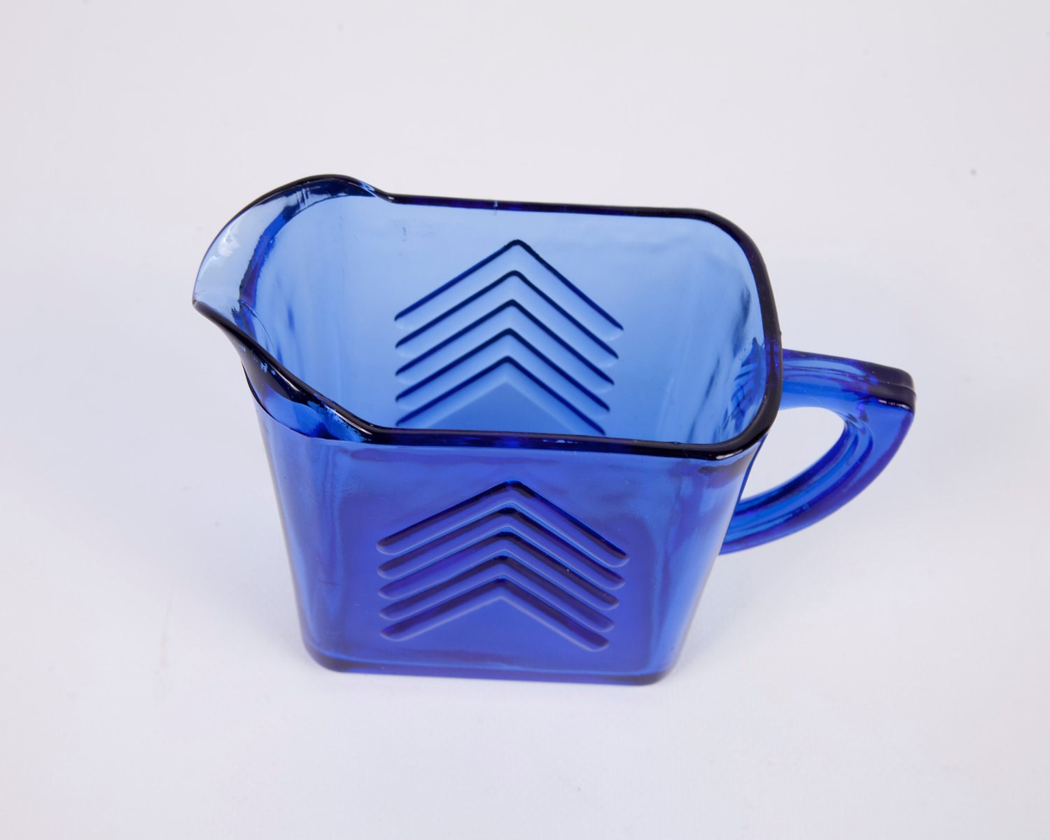 Vintage Hazel Atlas Creamer Cobalt Blue Arrow Glassware Pitcher Chevron Pattern
