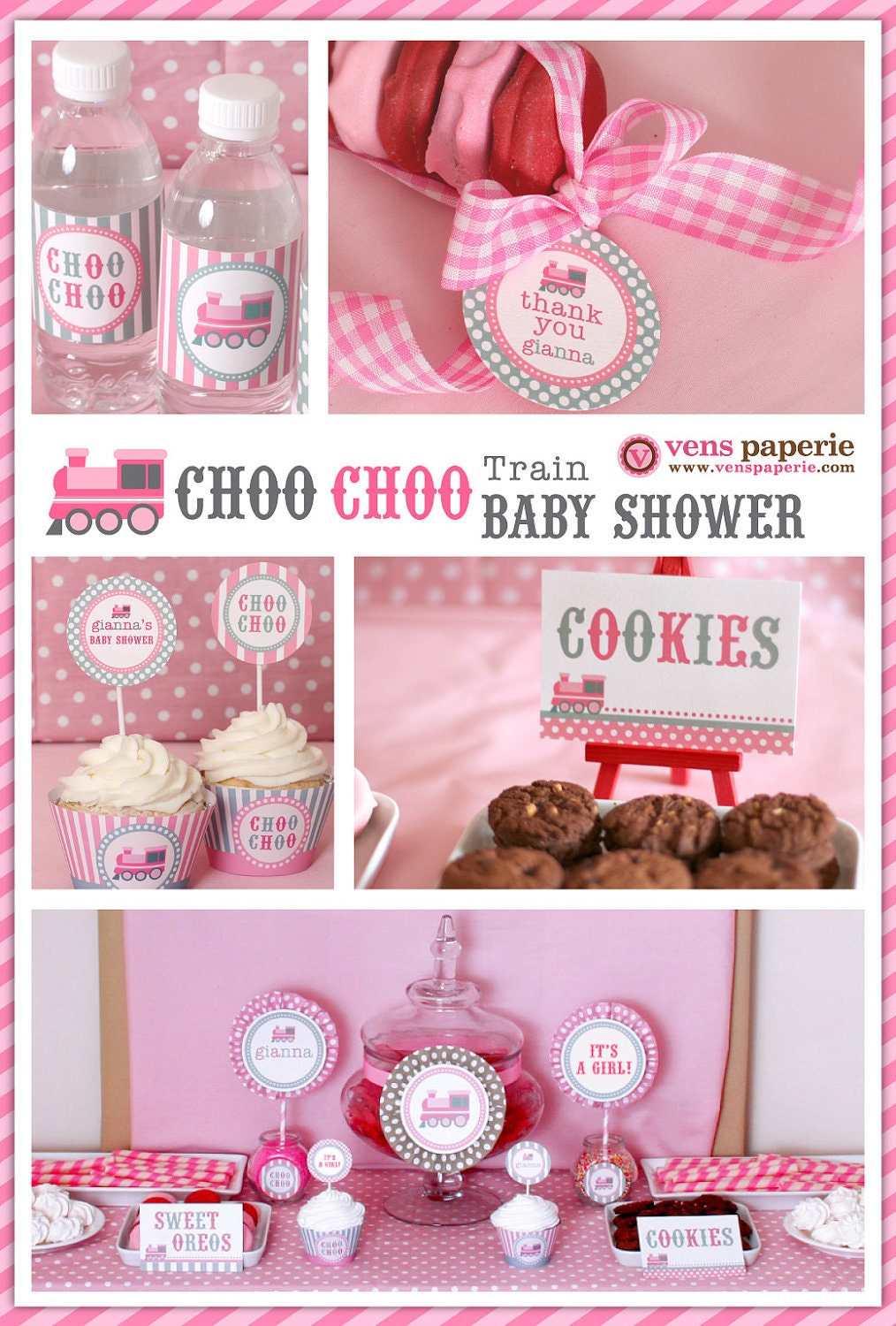 Vintage Pink Choo-Choo Train Baby Shower Package Personalized MINI Collection Set - PRINTABLE DIY - BS802CA2y