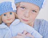 Crochet - Cotton - Light Blue and White  Matching Girls and Doll Beanie Set