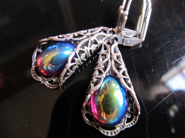 Rose- Vintage Peacock Iris Blue Pink Sterling Filigree Art Nouveau Earrings