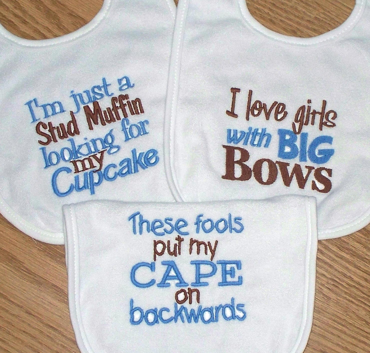 Baby Boy Bib Set - Cape on Backwards Stud Muffin & Big Bows / Blue and Brown