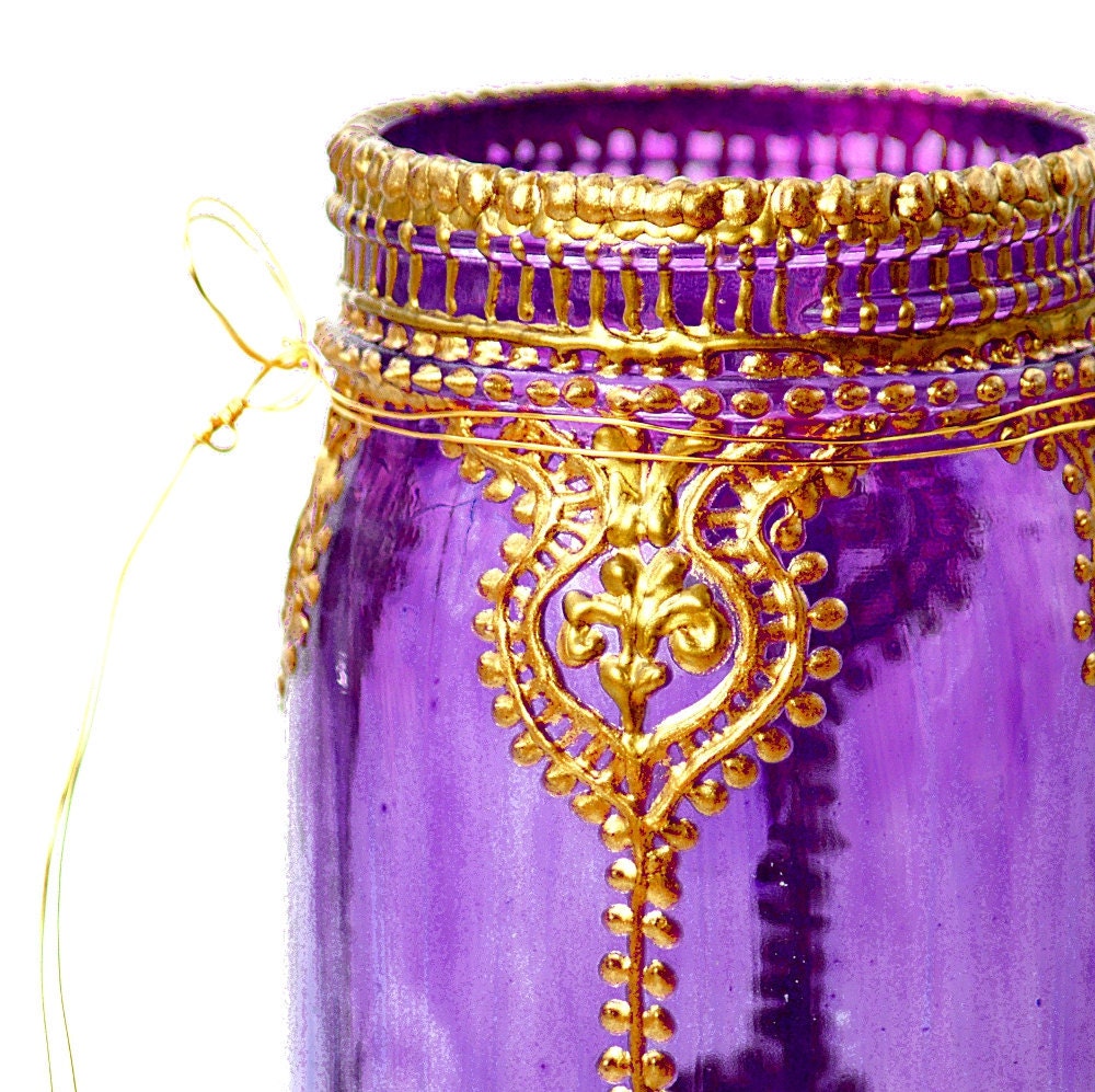 Hand Painted Mason Jar Lantern, Violet Glass with Gold Accents