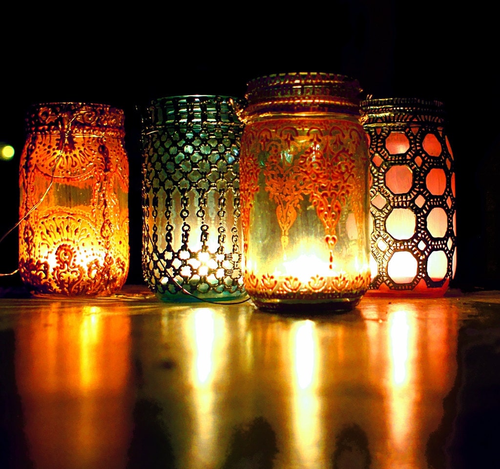 Wedding Lighting: Aqua Mason Jar Lantern with Moroccan Styled Copper Detailing