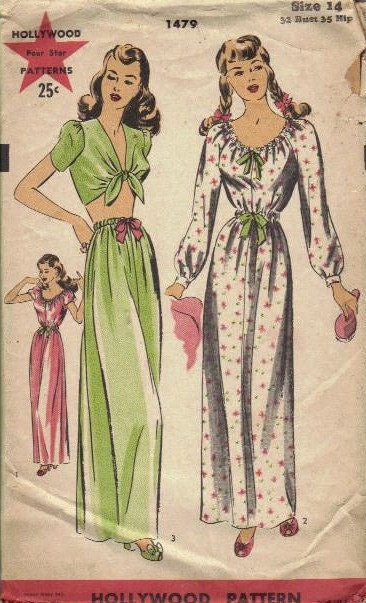 Rare 1940s Hollywood Patterns Sewing Pattern Misses Nightgown Pajamas Lingerie Genie Pants Bandeau Top Sleepwear Bust 32