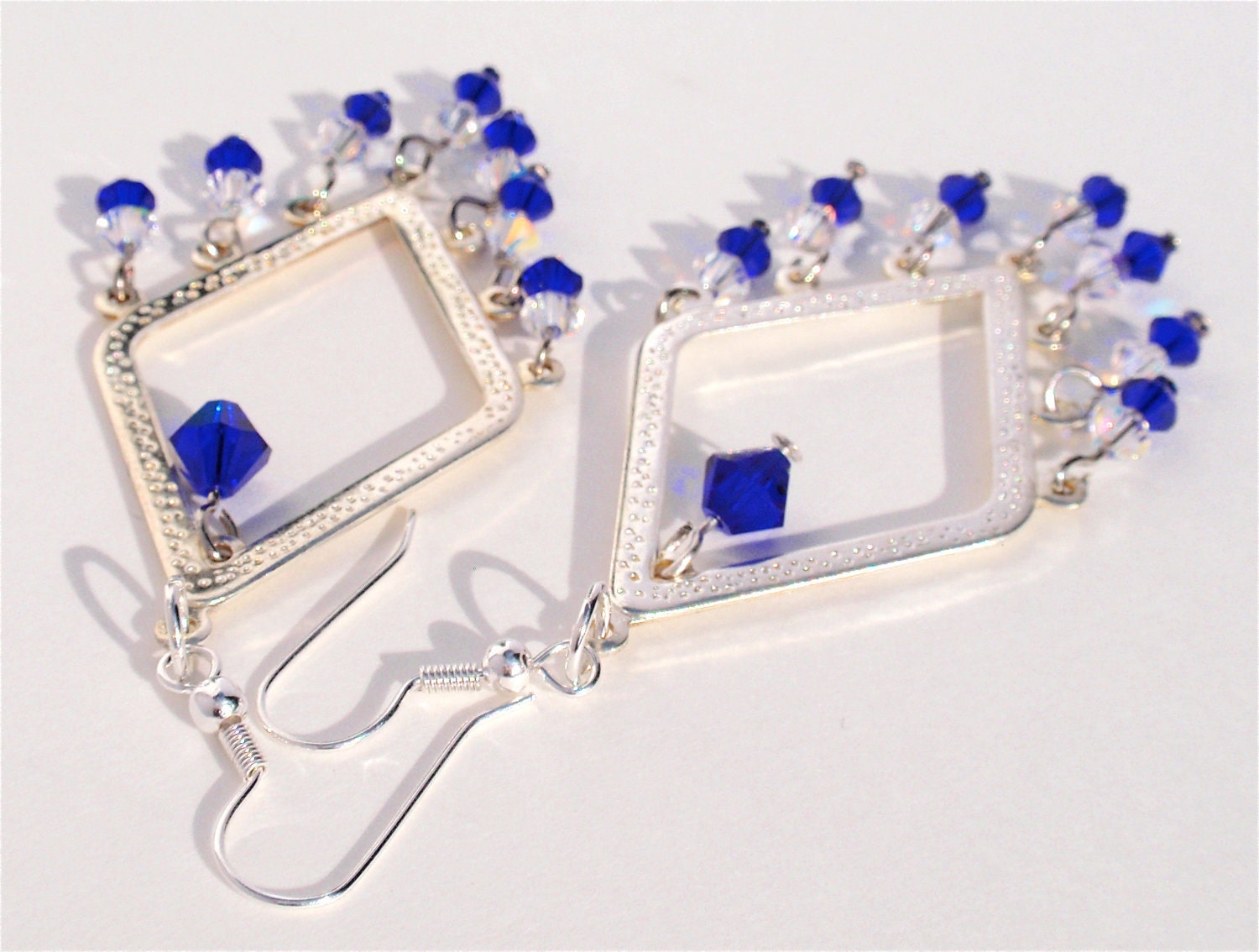 Silver Dangle Earrings with Swarovski Elements in Cobalt & Crystal AB