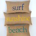 burlap beach pillows, SURF SUNSHINE BEACH word pillows, set of 3, child's theme room decor, summer beach house decor