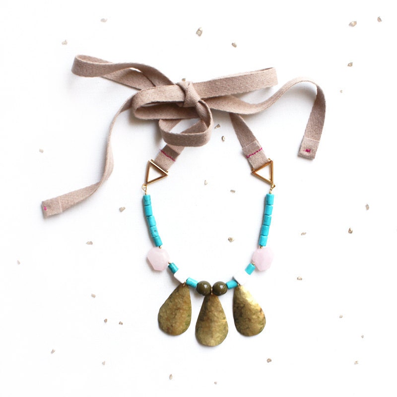 Tieback Statement Necklace / gold, turquoise blue & pale pink gemstone bib / hammered brass drops, cotton ribbon / spring fashion - Last One