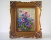 Vintage Pansy Painting by Minnie Wonsmos, Signed, 5 x 7 in Original Vintage Frame
